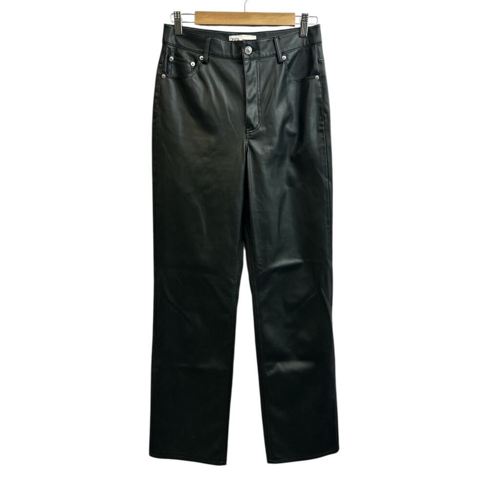 Zara Black Faux Leather High Waisted Pants Trousers USA 6 EUR 38 Pockets Goth
